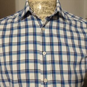 UNTUCKit Shirt Mens Medium Wrinkle Free Blue White Plaid Short Sleeve